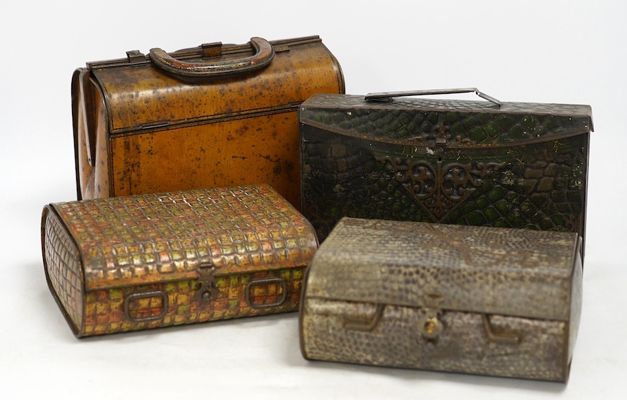 Four biscuit tins: an early 20th century Huntley & Palmers novelty biscuit tin, modelled as a Gladstone bag, 20cm wide, 16cm high, two other Huntley & Palmers tins and a Peek Frean novelty biscuit tin. Condition - fair